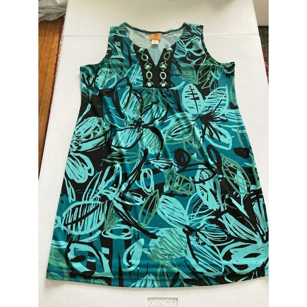 Ruby Rd. Dress Shift PL Floral Blue Green Embellished V-Neck Excellent Condition